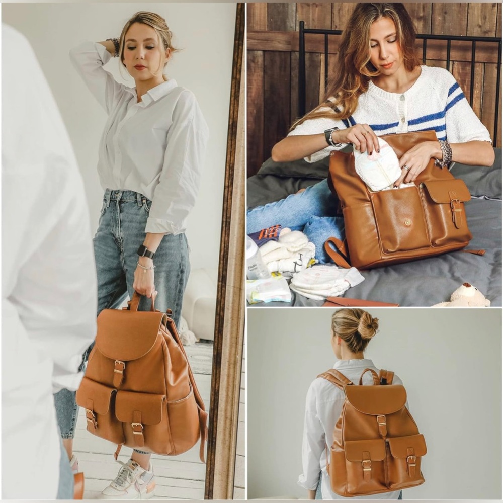 New Leather Diaper Backpack Bag with 12 Organizing Pouches,Changing Pad(Brown) - Picture 2 of 14